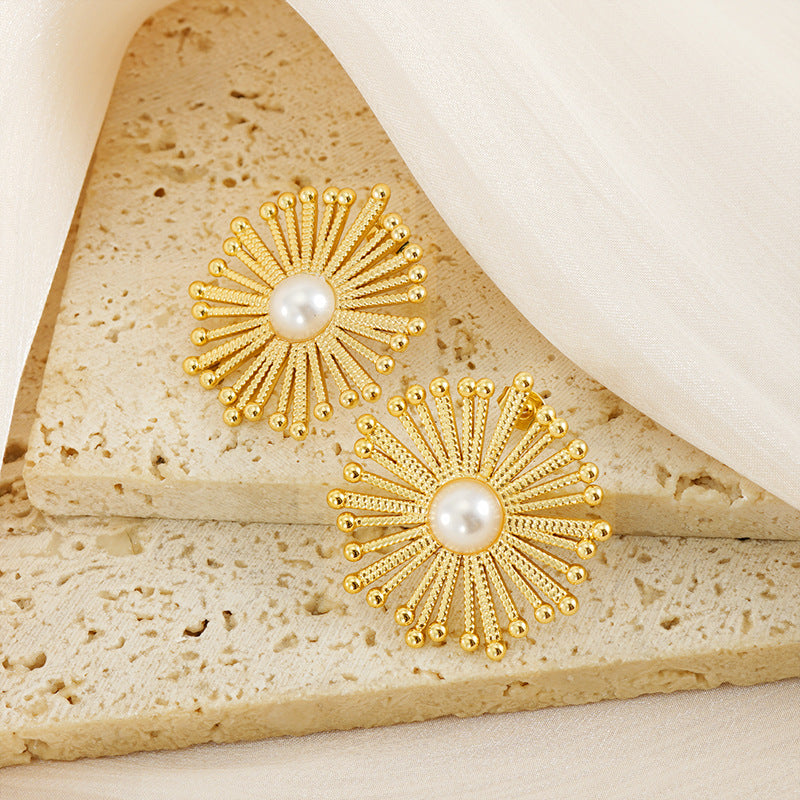 Rina Flower Pearl Stud Earrings — view 5